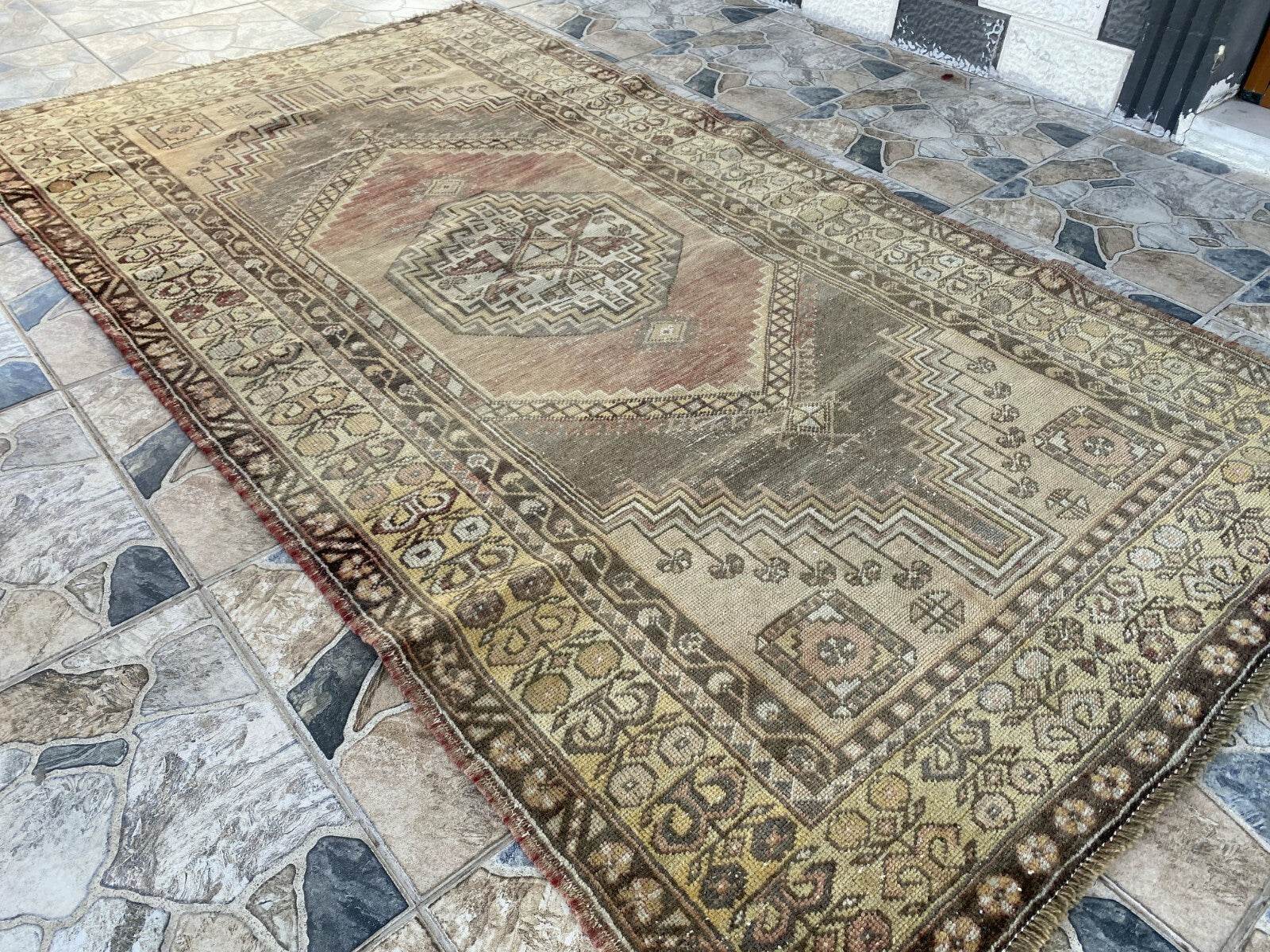 Vintage Turkish Oushak Rug, 4 x 7 ft Red Handmade Wool Antique Tribal Area Rug