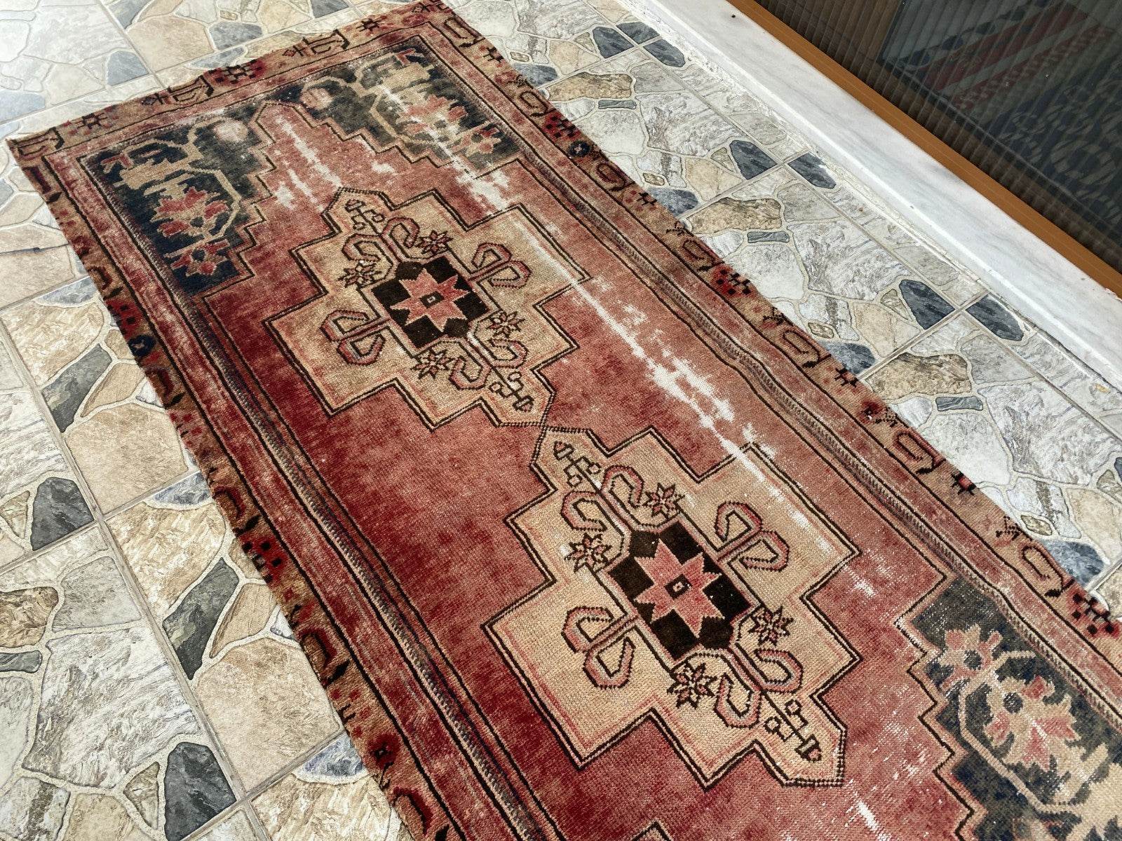 Vintage Anatolian Area Rug | 3.0x6.7 ft Hand-Knotted Wool Faded Rustic Geometric