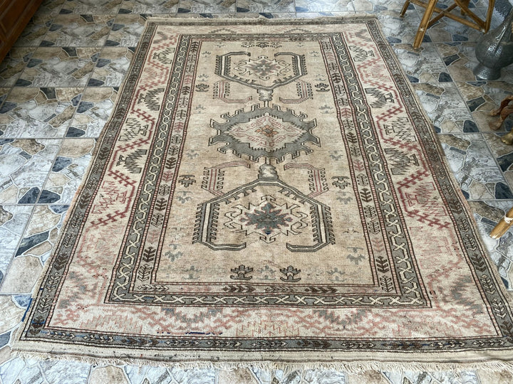 Vintage Turkish Area Rug | 6.1x7.7 ft Hand-Knotted Wool Geometric Medallion Rug
