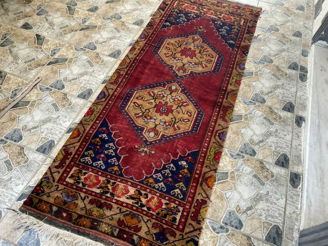 Vintage Anatolian Area Rug | 2.9x7.7 ft Handwoven Wool Antique Farmhouse Carpet