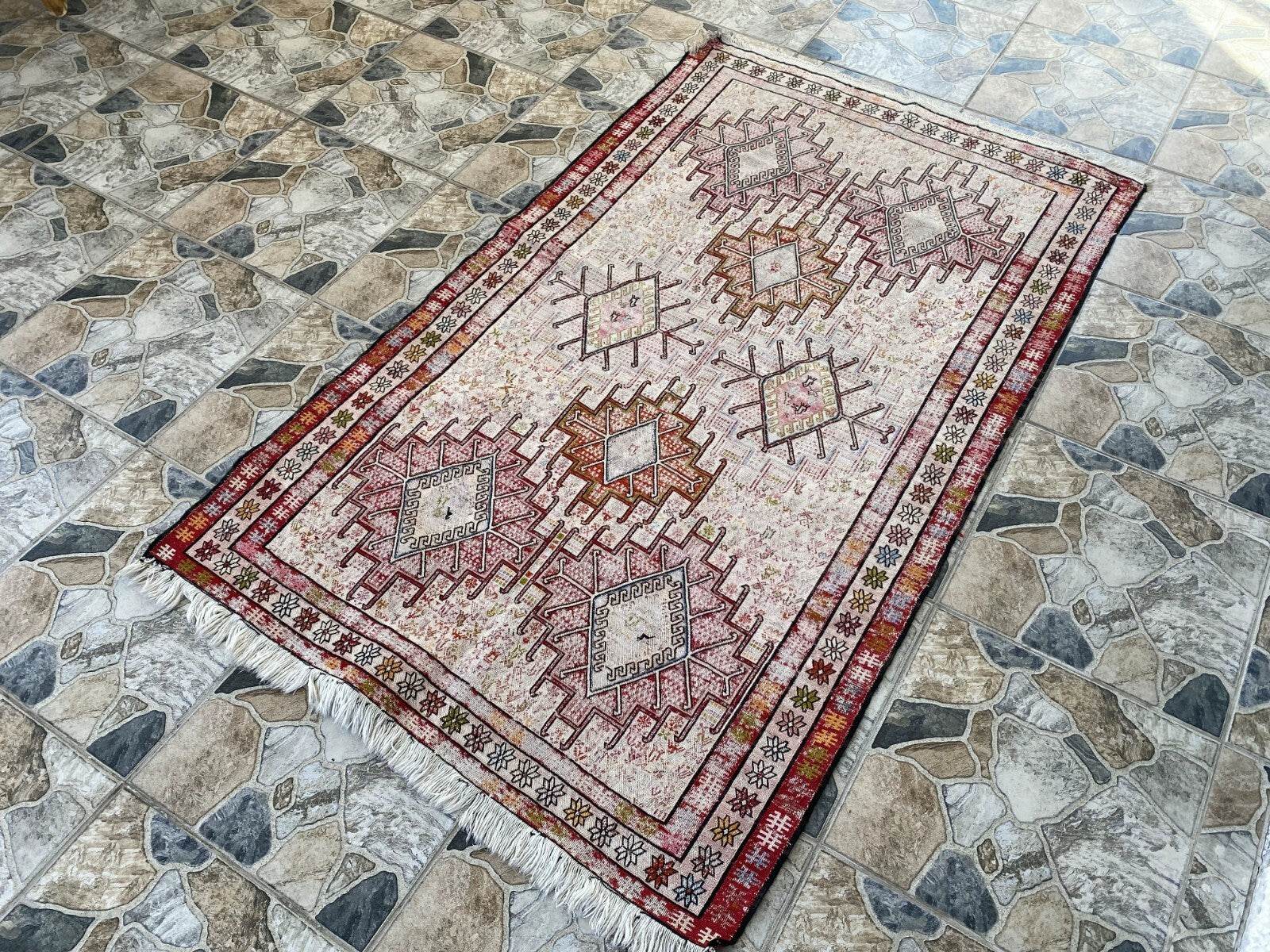 Vintage Persian Rug 3x6 ft, 1980s Wool Handmade Soumak Tribal Geometric Antique