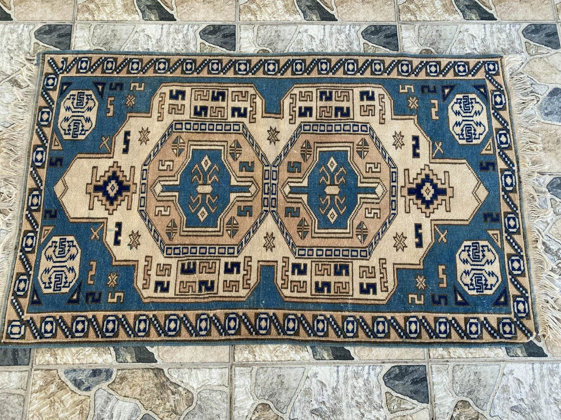 Vintage Turkish Wool Rug, Hand-Knotted Antique Geometric Oushak Small Runner 2x4