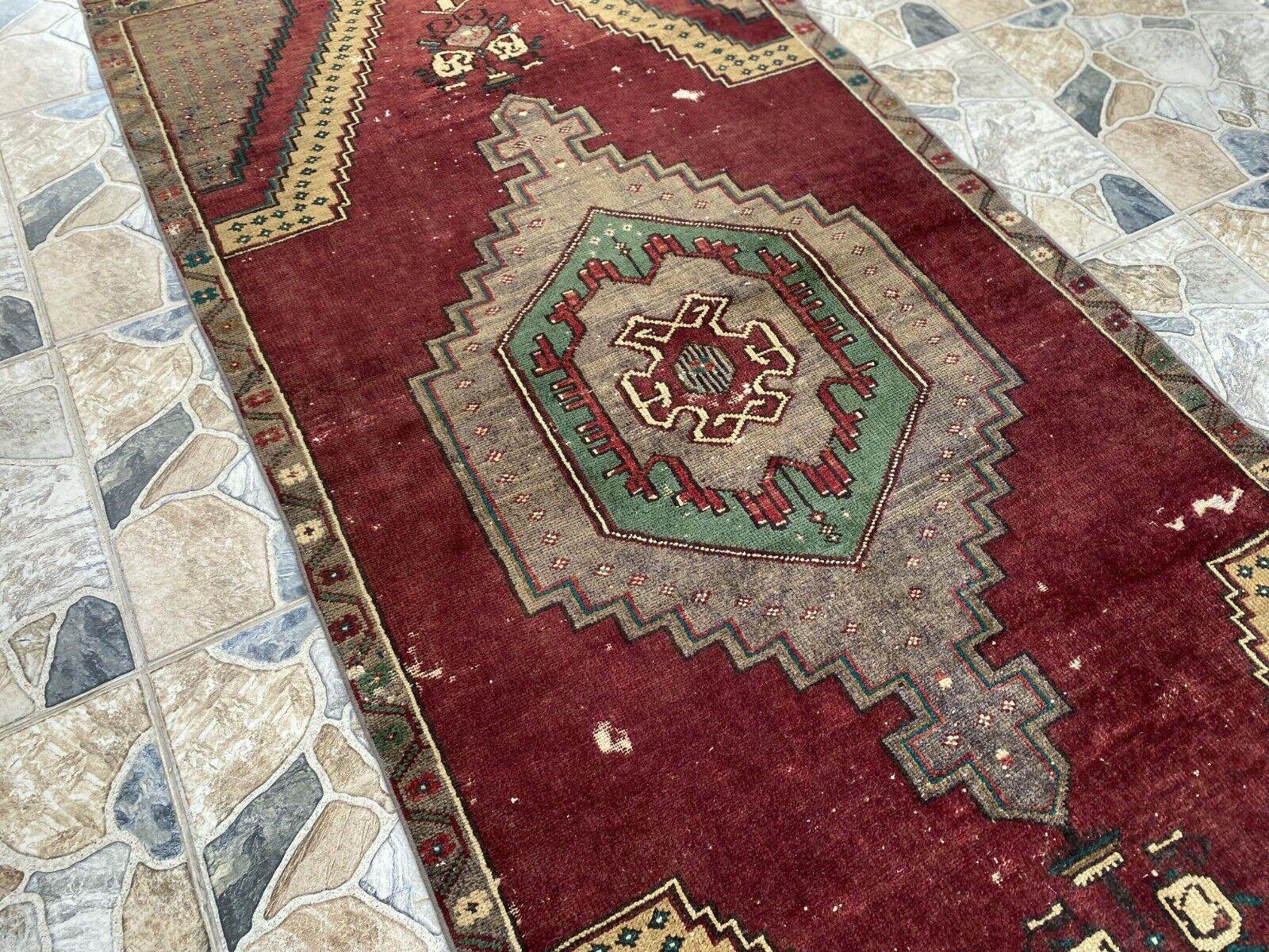 Vintage Turkish Rug | Burgundy Handmade Wool Geometric Antique Anatolian 3.2x7.7