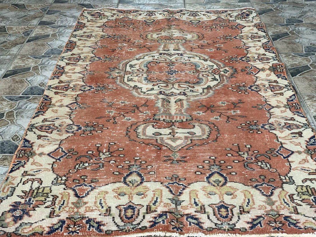 Vintage Rug, Turkish Oushak Wool Handmade Farmhouse Geometric Area Rug 3.6x6.8ft