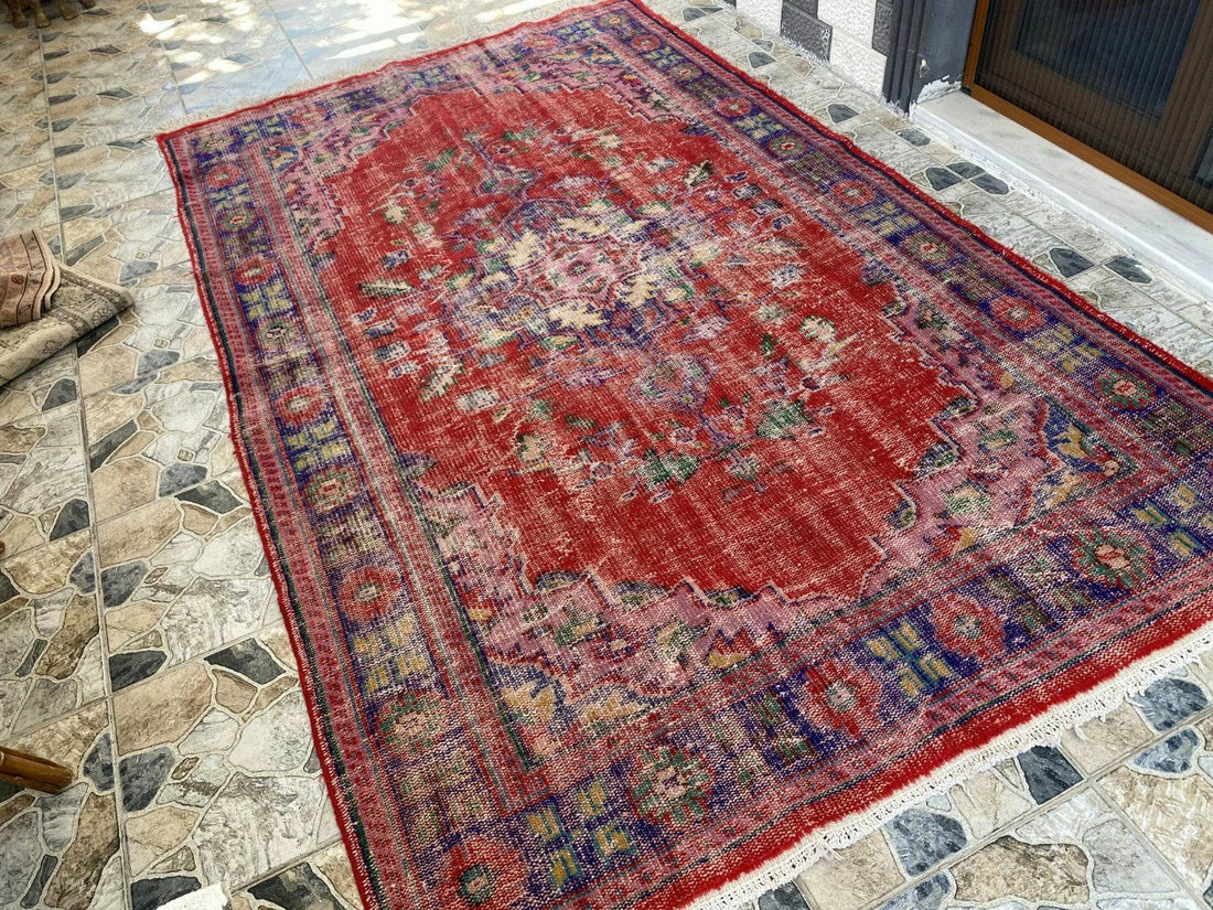 Vintage Hand-Knotted Wool Rug | 6.0 x 9.8 ft Anatolian Area Carpet Faded Tribal