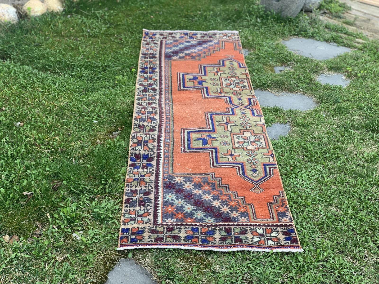 Turkish Vintage Oushak Rug, Wool Handmade Farmhouse Geometric Runner 2.5x8.2 ft