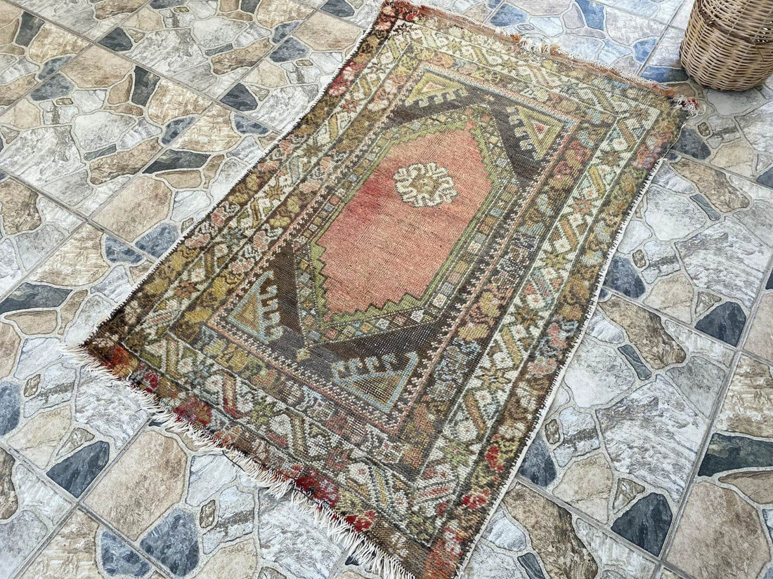 Vintage Turkish Wool Rug - 2 x 4 | Hand-Knotted Antique Oushak Anatolian Tribal