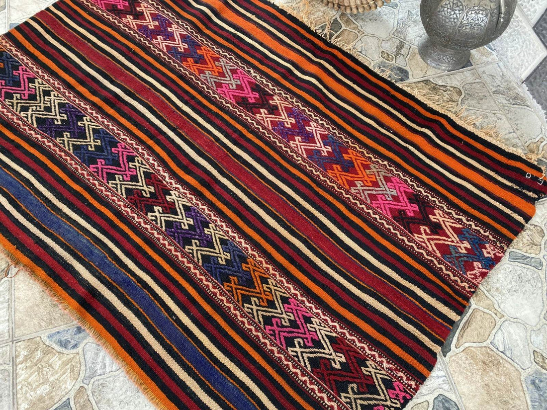 Vintage Turkish Wool Rug, Hand-Knotted Antique Geometric Oushak Area Kilim 3x5