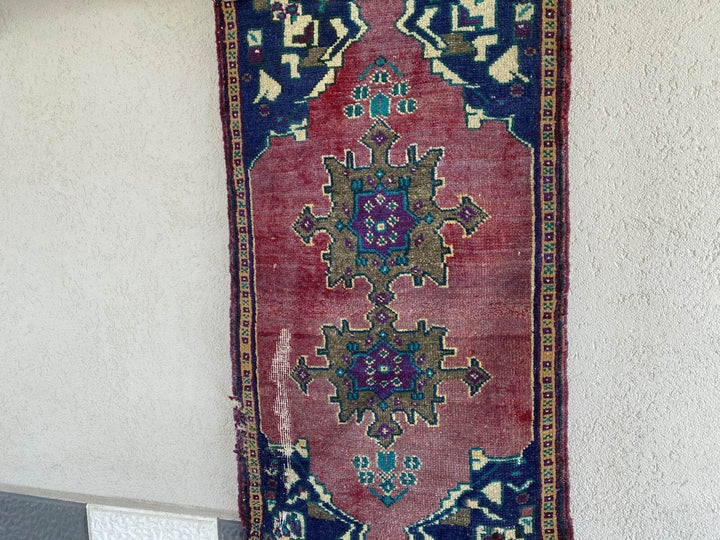 Vintage Turkish Oushak Rug, 1x3 ft Terracotta Handmade Wool Antique Tribal Small