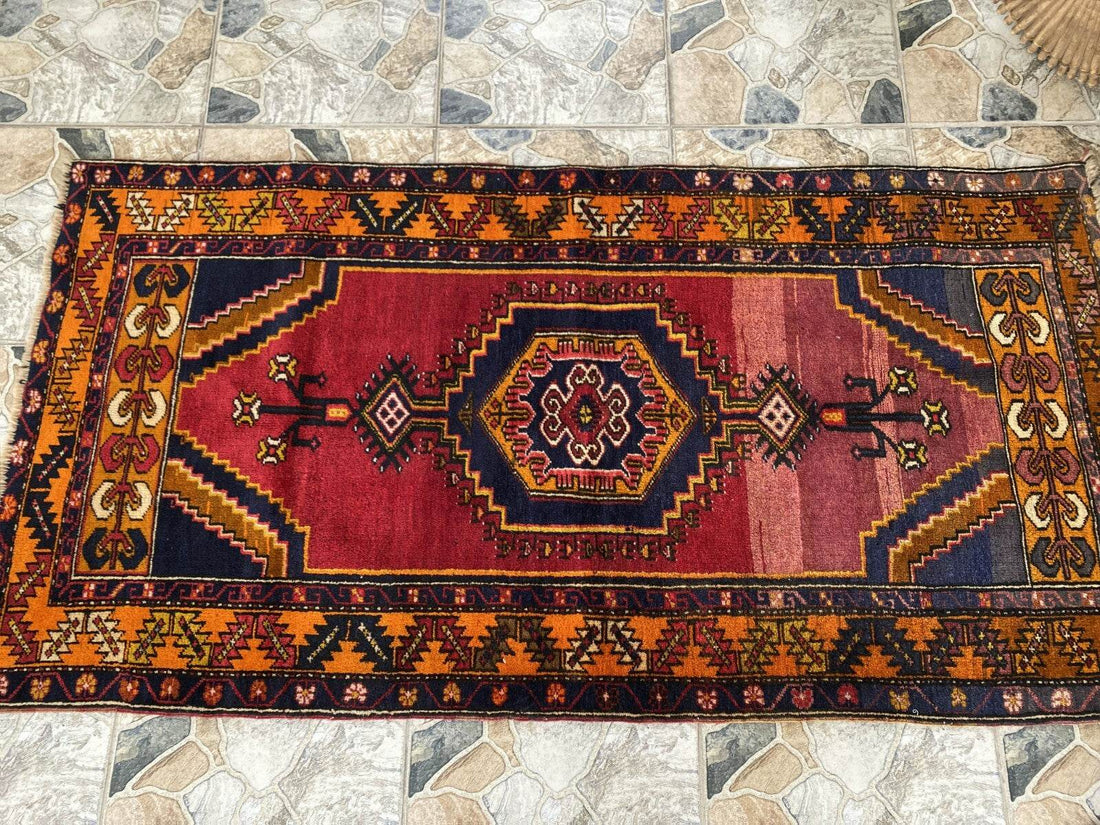 Geometric Turkish Vintage Rug, Farmhouse Handmade Anatolian Village Rug 3x6 ft