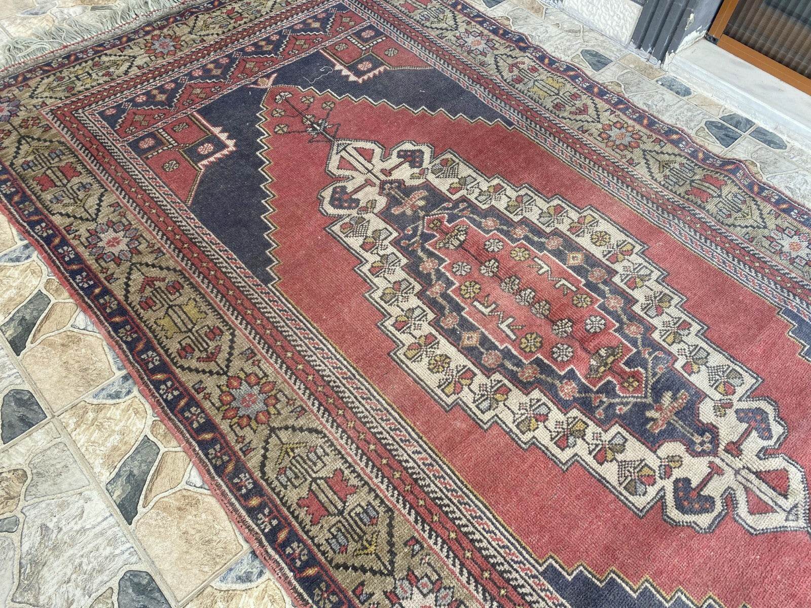 Vintage Turkish Oushak Rug, 5.0x9.7 ft Red Handmade Wool Antique Tribal Area Rug