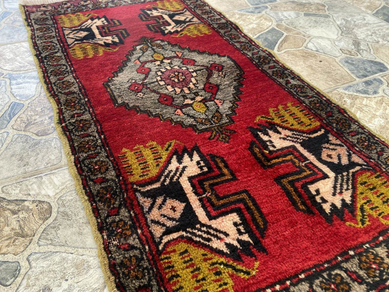 Vintage Rug | Antique Small Wool Farmhouse Anatolian Handmade Turkish 1.7x3.4ft