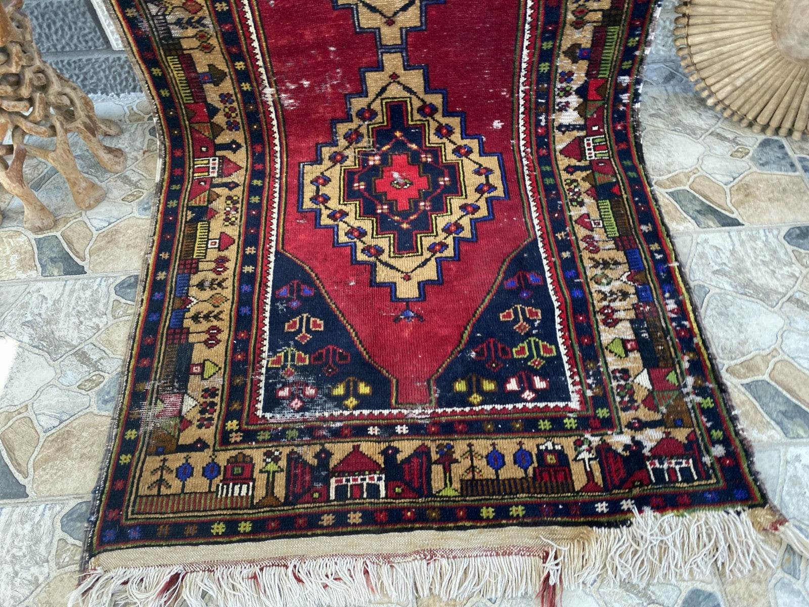 Vintage Turkish Tribal Rug | 3 x 9 ft Farmhouse Hand-Knotted Wool Geometric Rug