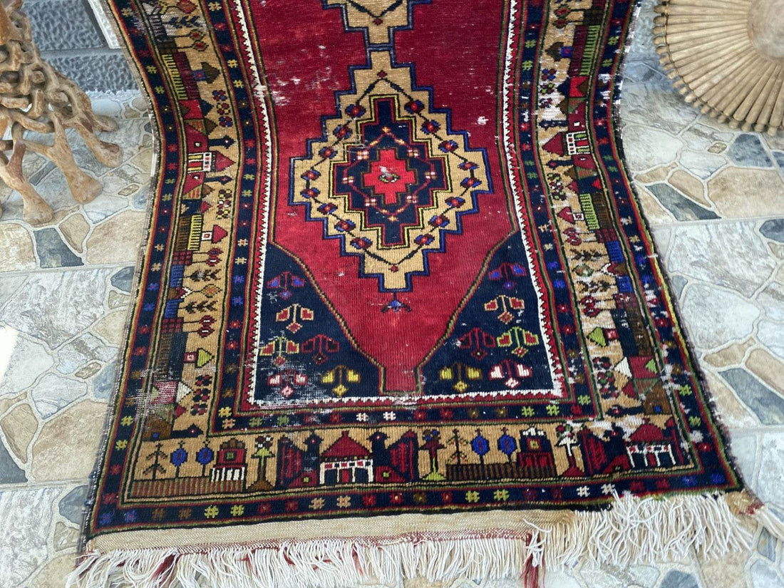 Vintage Turkish Tribal Rug | 3 x 9 ft Farmhouse Hand-Knotted Wool Geometric Rug