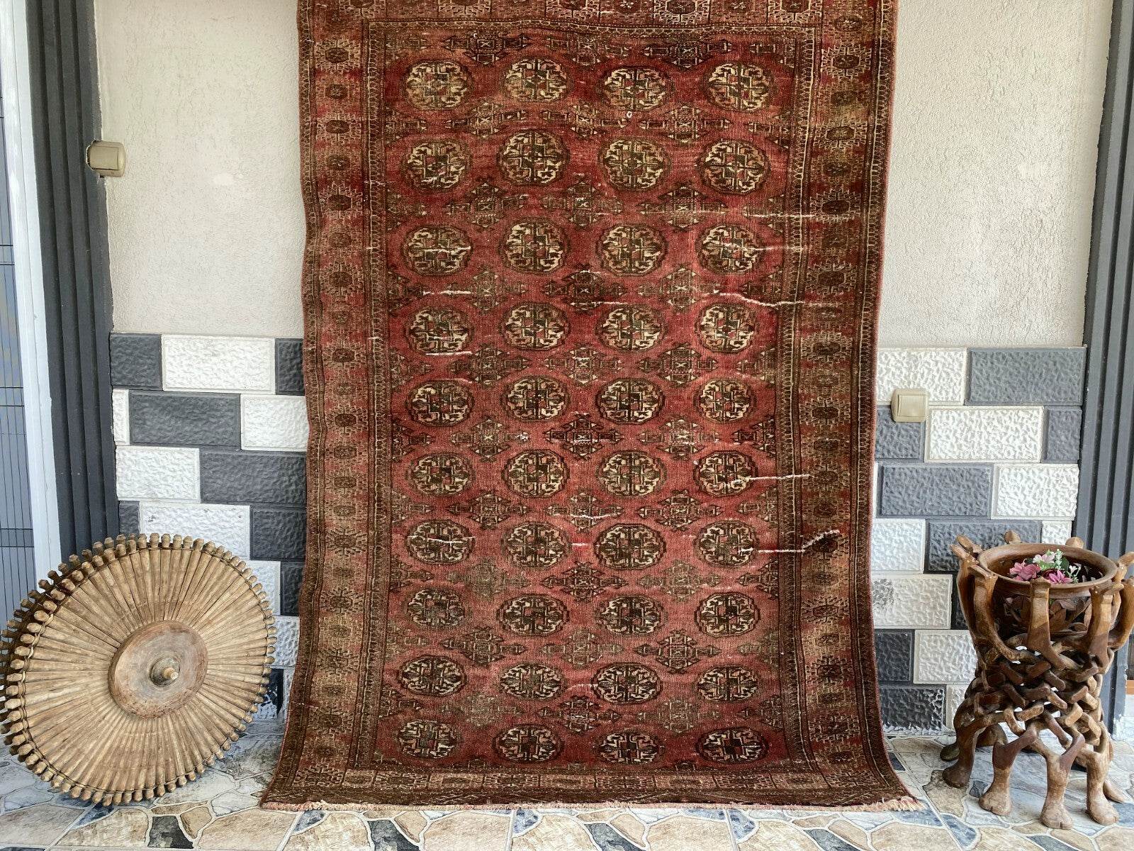 VINTAGE RUG HAND-KNOTTED Afghan Style BUKHARA handmade wool RED antique farmhouse rug