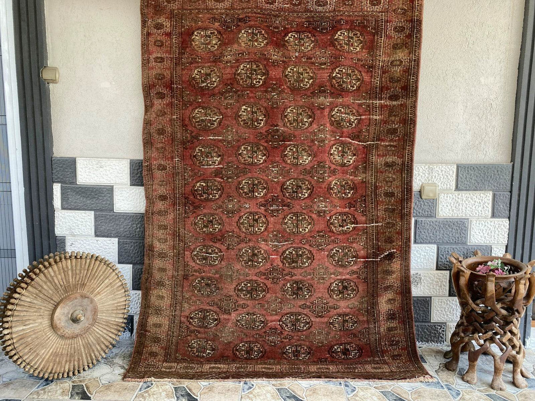 VINTAGE RUG HAND-KNOTTED Afghan Style BUKHARA handmade wool RED antique farmhouse rug