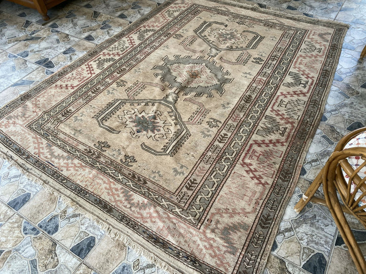 Vintage Turkish Area Rug | 6.1x7.7 ft Hand-Knotted Wool Geometric Medallion Rug