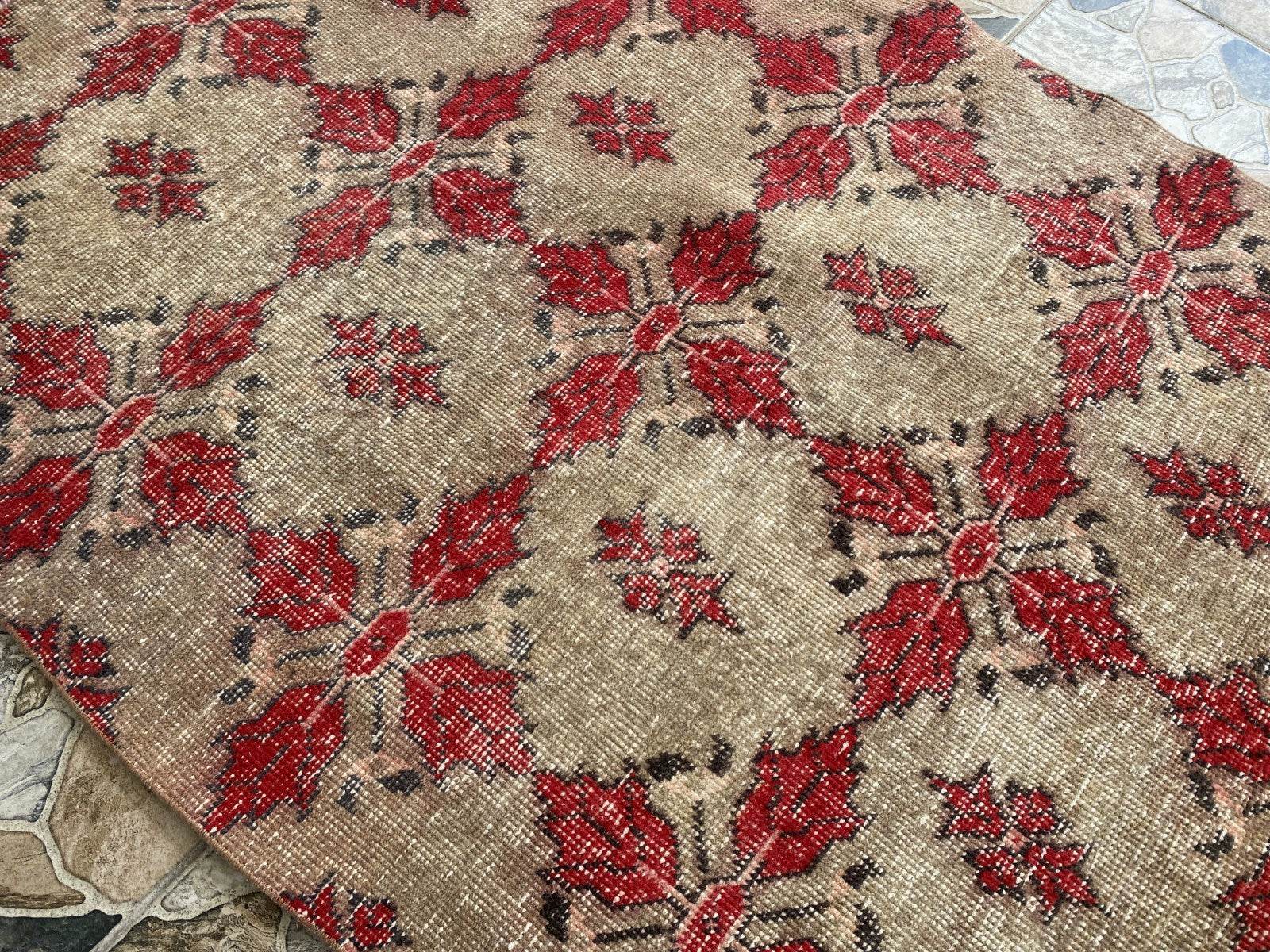 Vintage Turkish Area Rug 4x7 ft | Hand-Knotted Wool Carpet Bold Geometric Tribal