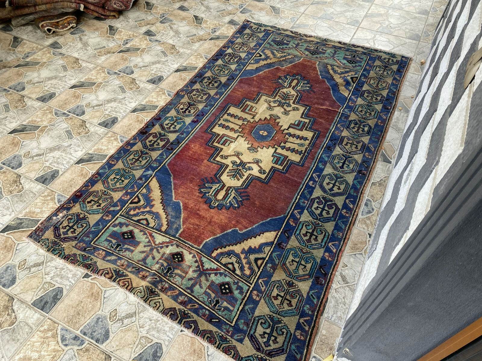 Pre 1950's Vintage Turkish Rug | Antique Tribal Handmade Wool Carpet 3.9x7.1 ft