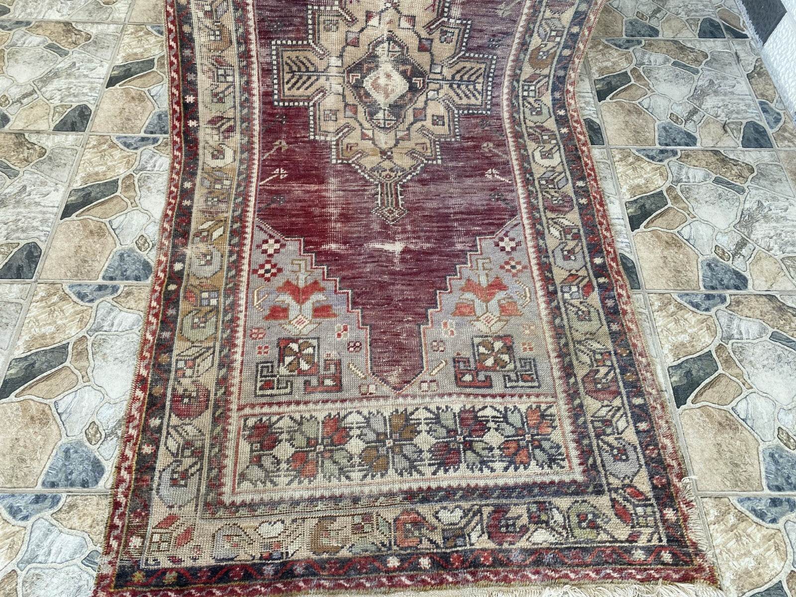 Turkish Vintage Rug Oushak Wool Geometric Handmade Antique Farmhouse 3.8x8 ft