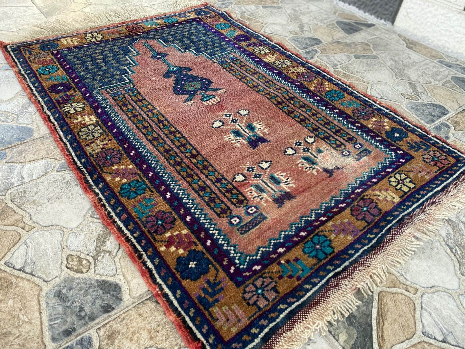 Vintage Turkish Oushak Rug, 2 x 3 ft Pink Handmade Wool Antique Tribal Small Rug