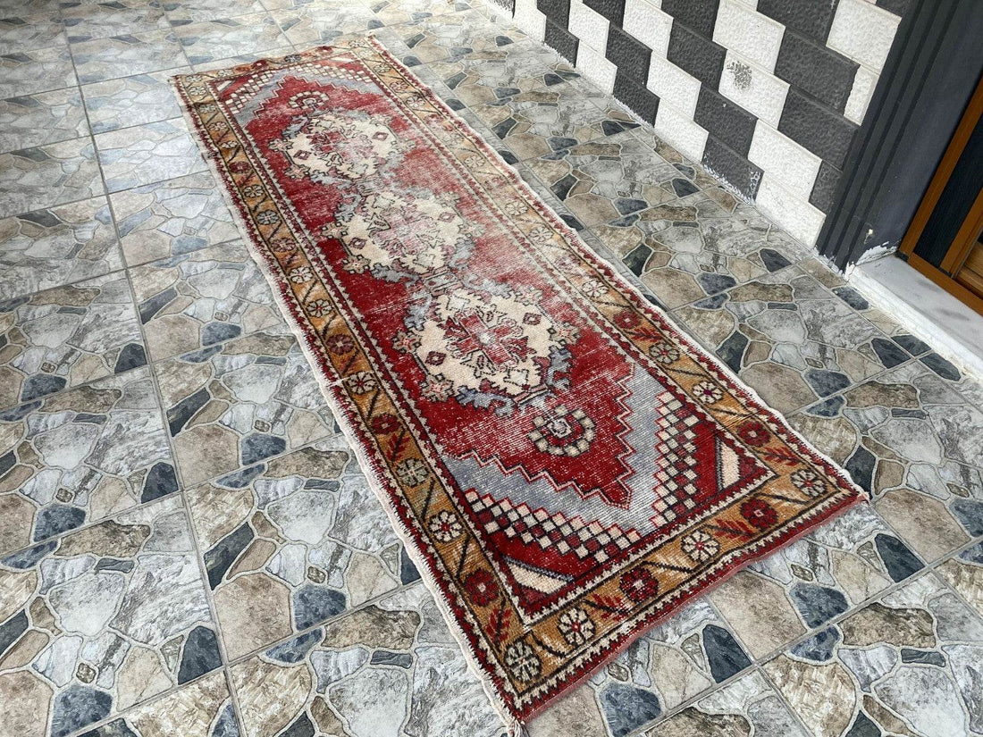 Vintage Turkish Oushak Rug, 3 x 9 ft Red Handmade Wool Antique Tribal Runner Rug