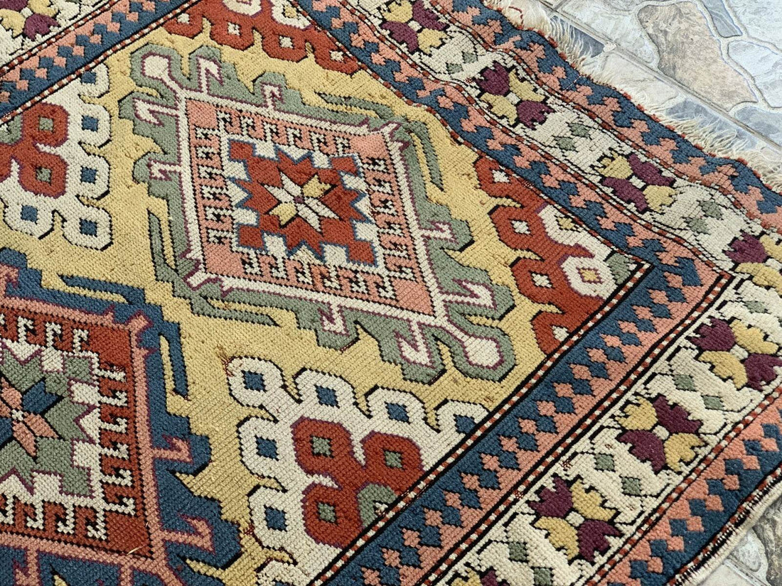 Vintage Handmade Turkish Wool Rug Anatolian Farmhouse Geometric Oushak 4.1x5.4ft