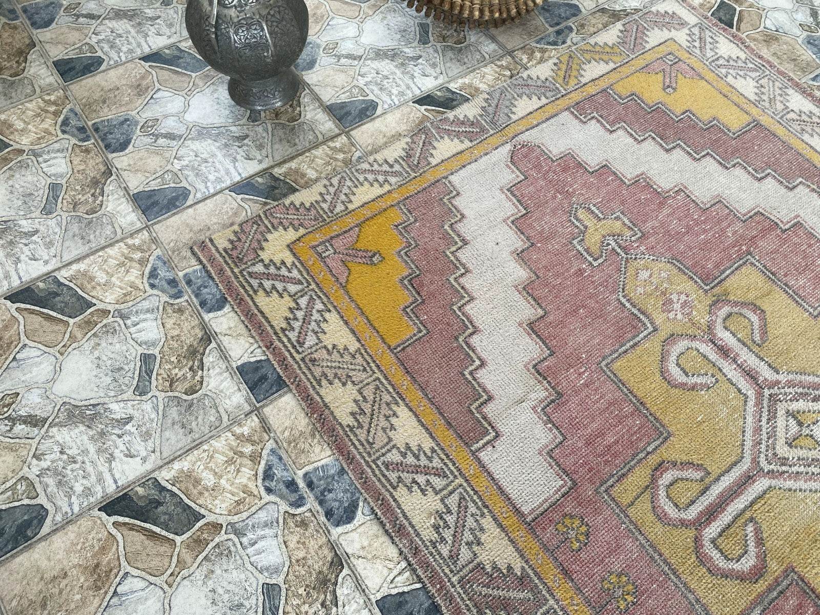 Vintage Turkish Oushak Rug, 4 x 8 ft Handmade Pink Wool Antique Tribal Area Rug