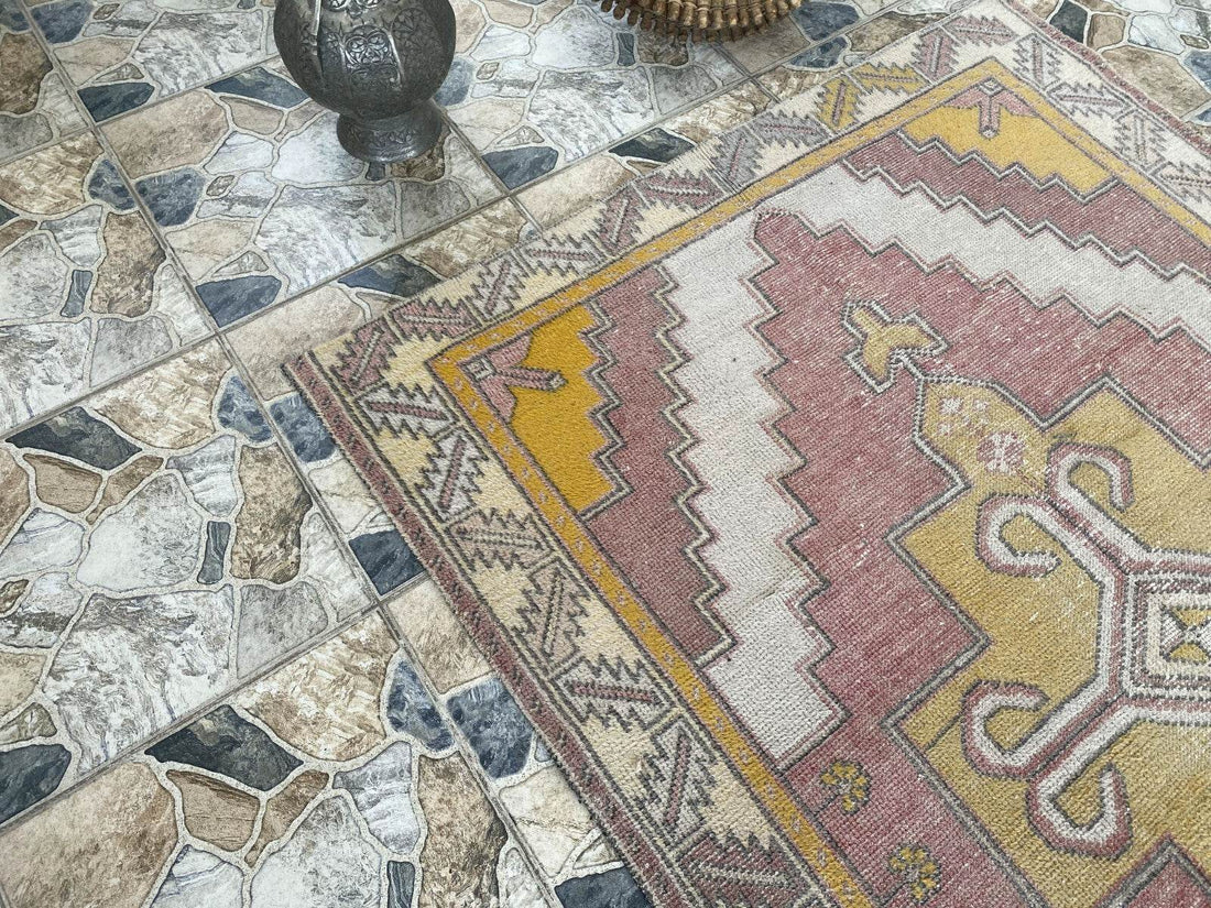 Vintage Turkish Oushak Rug, 4 x 8 ft Handmade Pink Wool Antique Tribal Area Rug