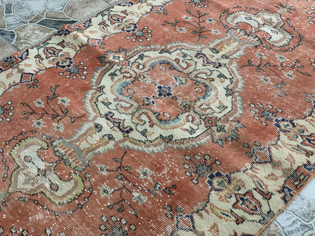 Vintage Rug, Turkish Oushak Wool Handmade Farmhouse Geometric Area Rug 3.6x6.8ft