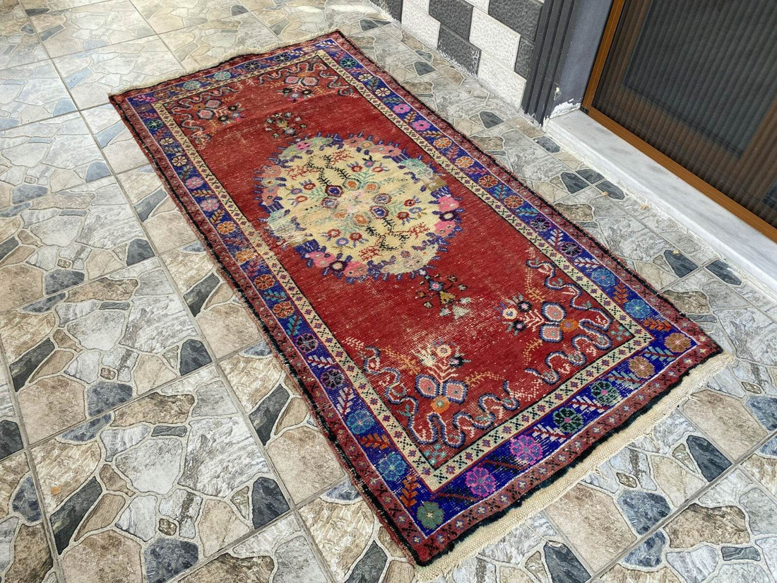 Geometric Turkish Vintage Rug, Tribal Handmade Anatolian Village Rug 3.3x6.8 ft