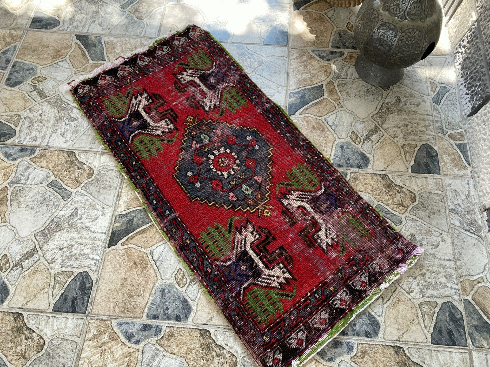 Vintage Turkish Small Rug | 1.6 x 3.3 ft Hand-Knotted Wool | Red Geometric Mat