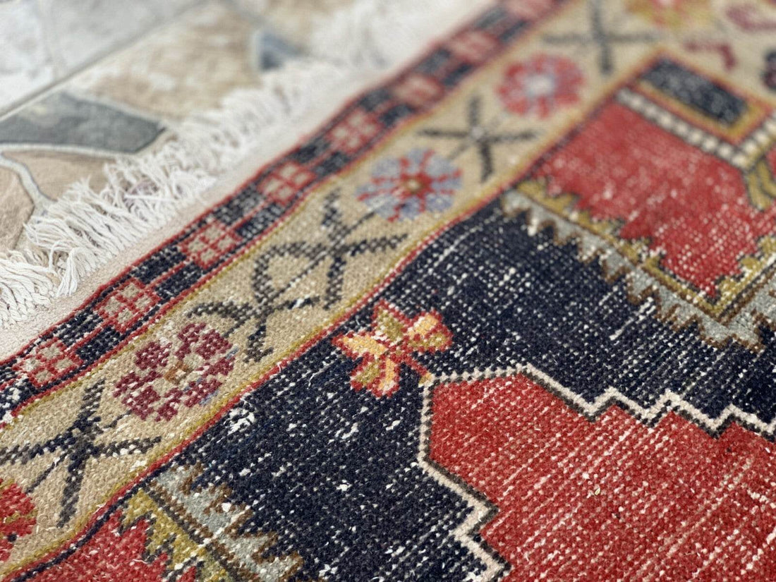 Vintage Oushak Geometric Rug, Handmade Turkish Anatolian Wool Carpet 4.2x8.6