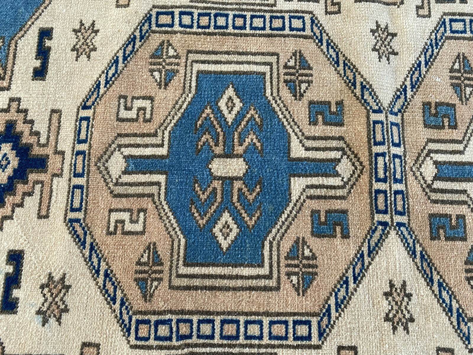 Vintage Turkish Wool Rug, Hand-Knotted Antique Geometric Oushak Small Runner 2x4