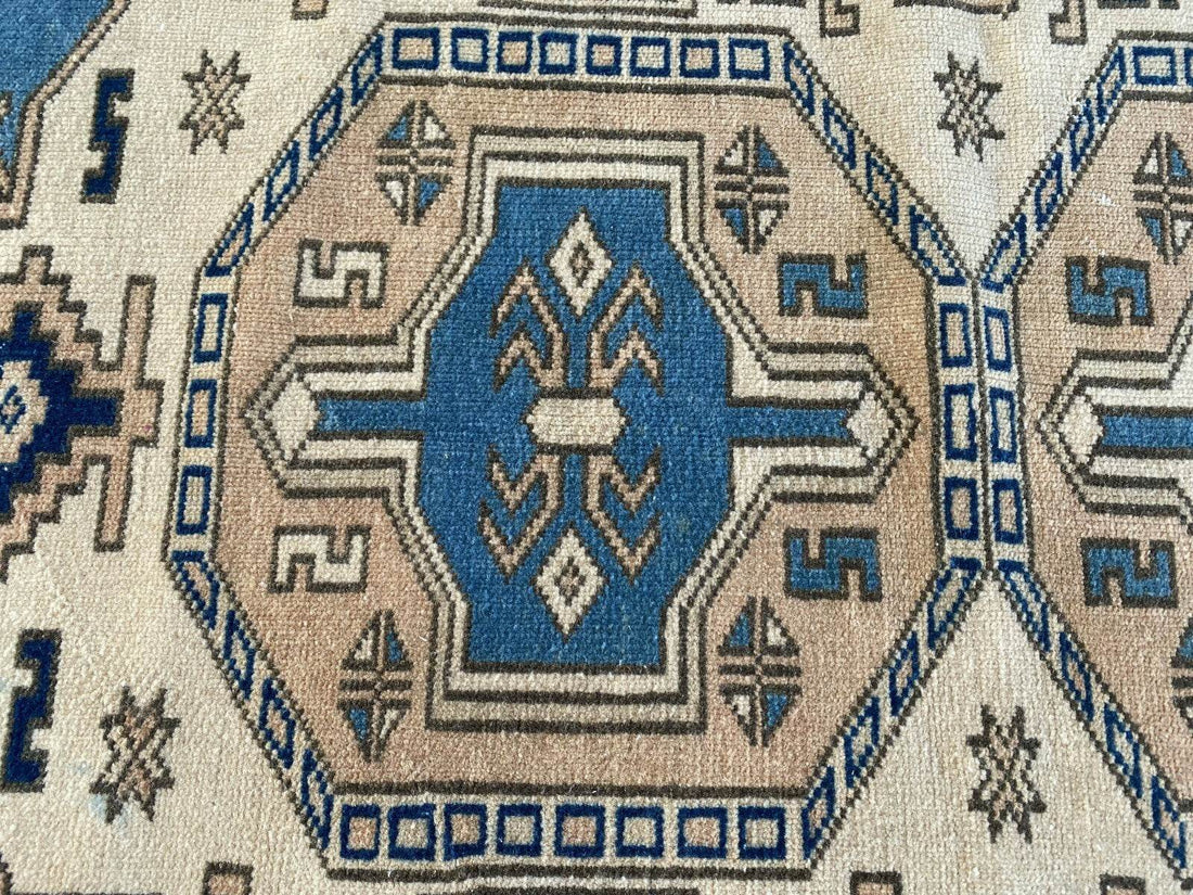 Vintage Turkish Wool Rug, Hand-Knotted Antique Geometric Oushak Small Runner 2x4