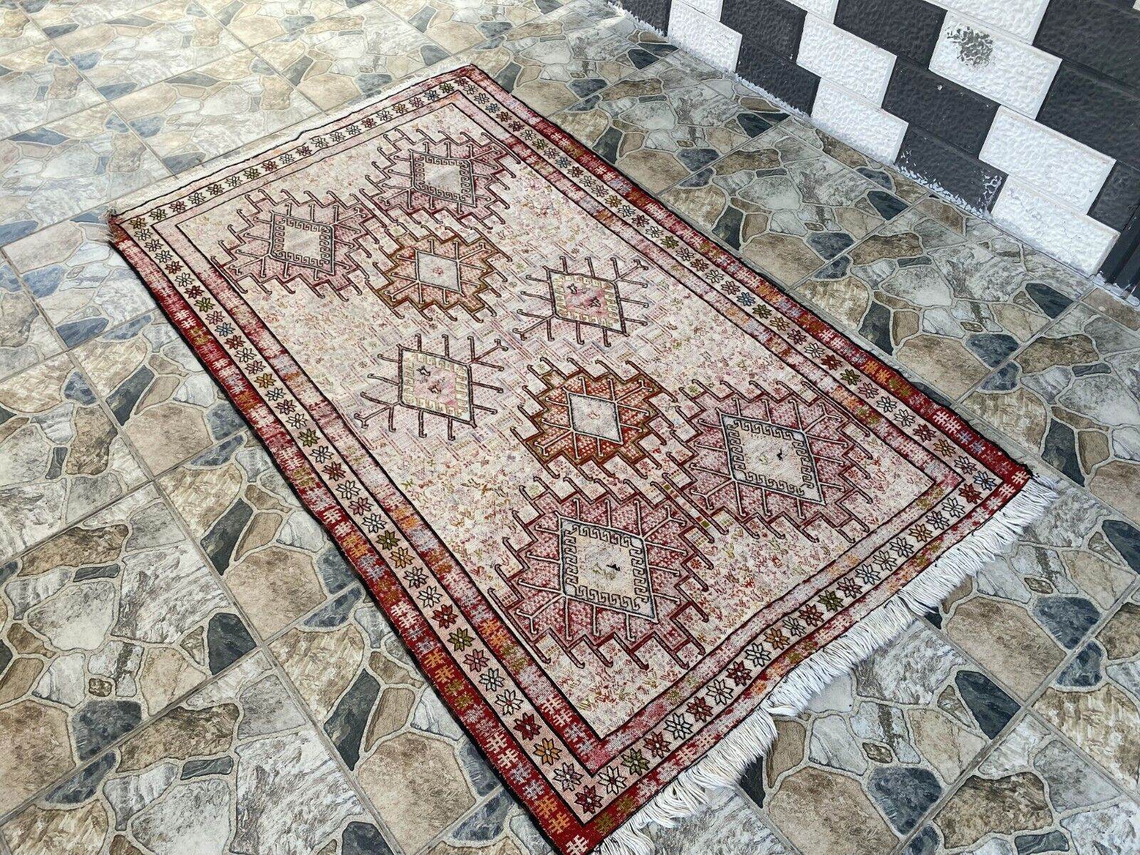 Vintage Persian Rug 3x6 ft, 1980s Wool Handmade Soumak Tribal Geometric Antique