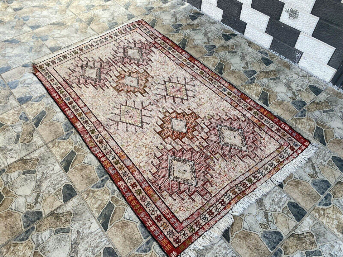 Vintage Persian Rug 3x6 ft, 1980s Wool Handmade Soumak Tribal Geometric Antique