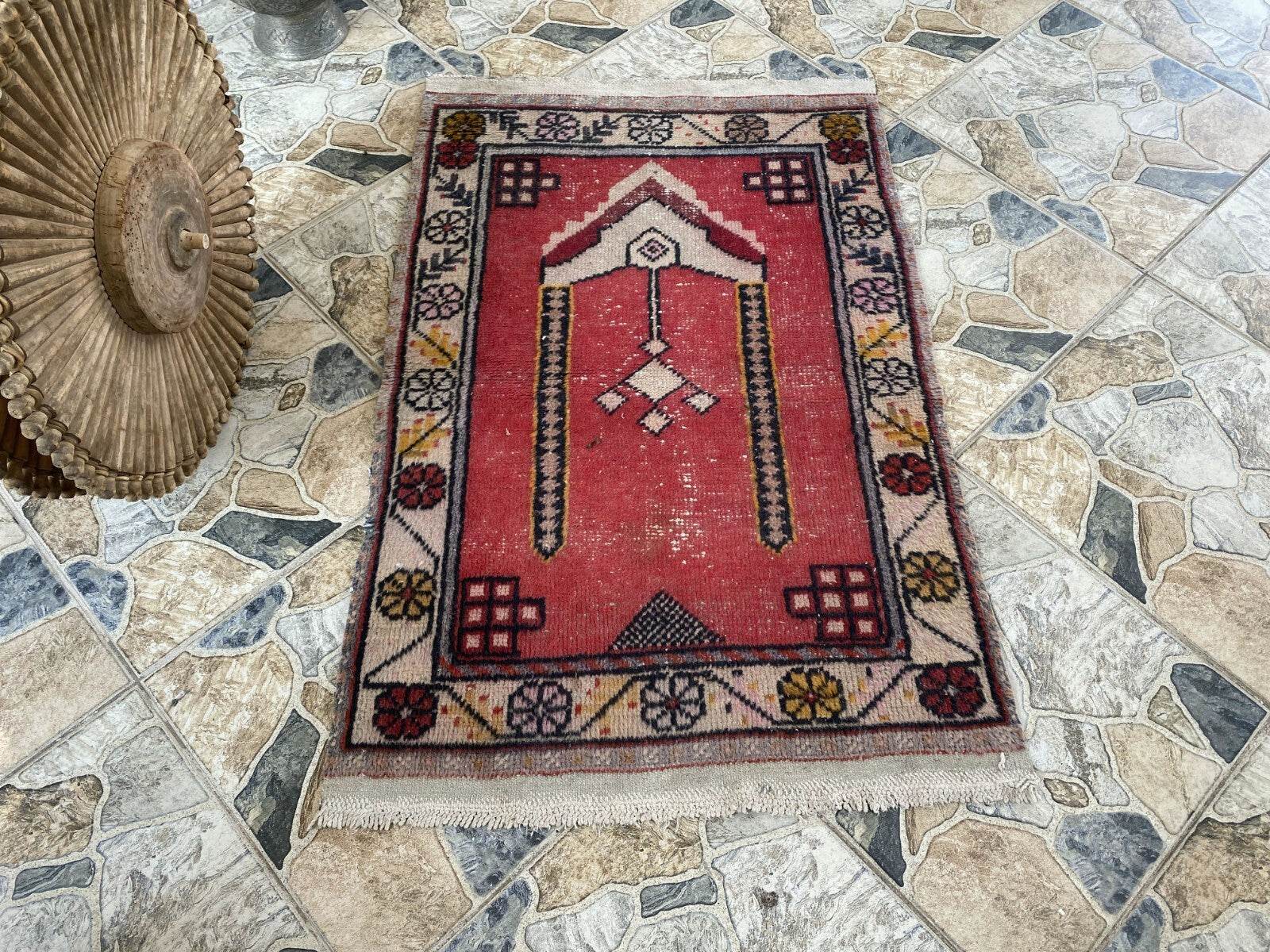 Vintage Turkish Oushak Prayer Rug | 2x3 ft | Hand-Knotted Wool Anatolian Tribal