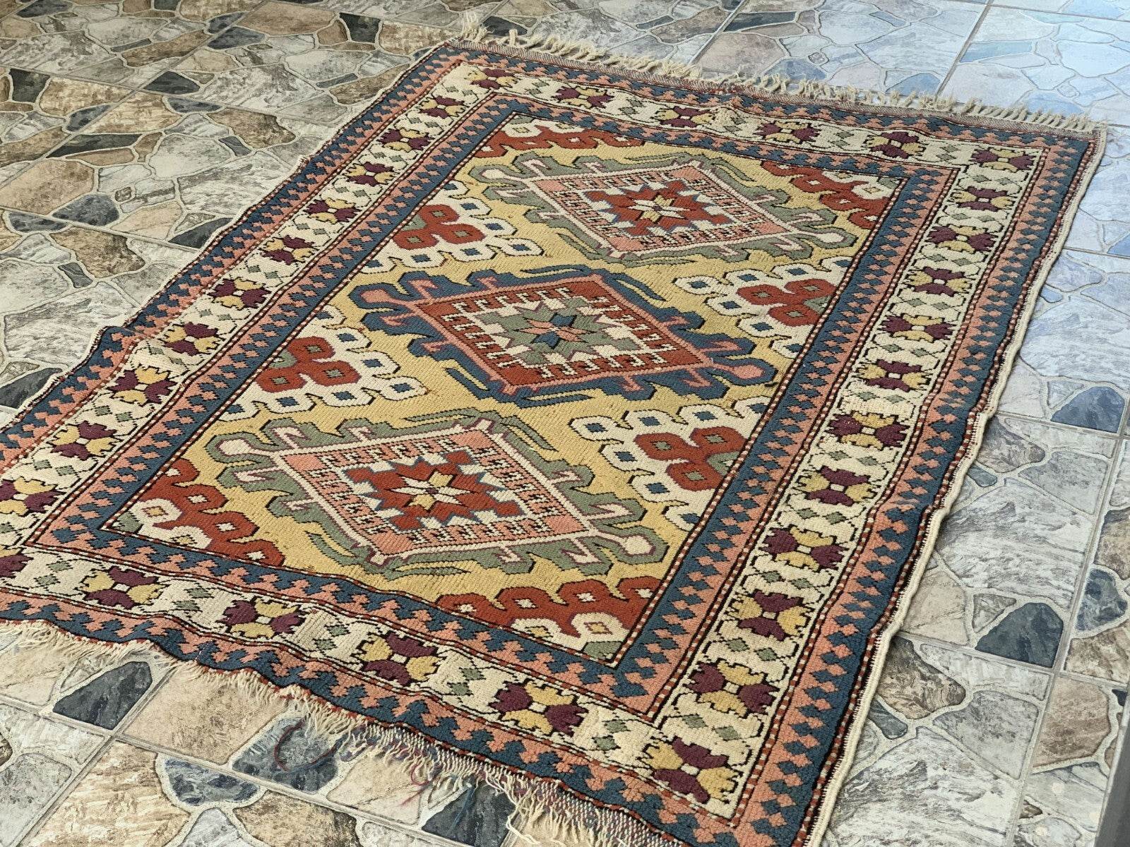 Vintage Handmade Turkish Wool Rug Anatolian Farmhouse Geometric Oushak 4.1x5.4ft