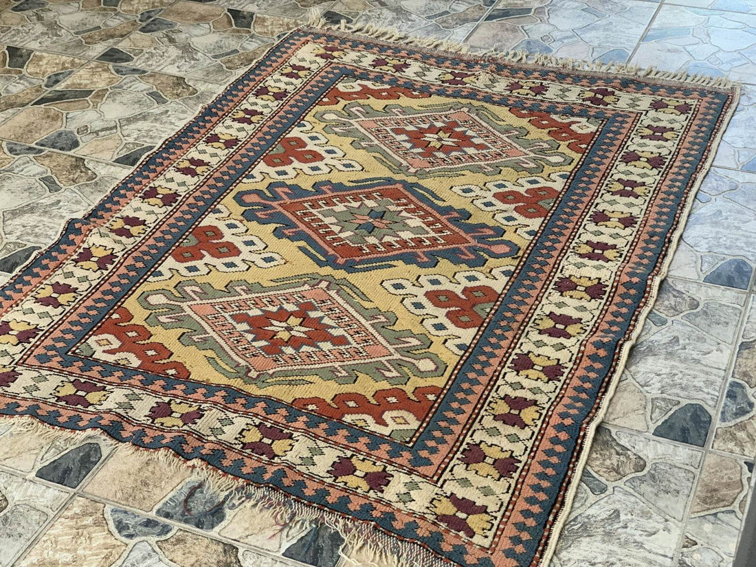 Vintage Handmade Turkish Wool Rug Anatolian Farmhouse Geometric Oushak 4.1x5.4ft