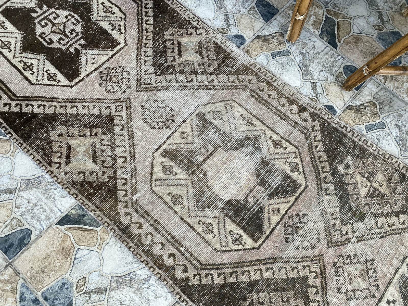 Vintage Handmade Turkish Runner Rug, 2.6x8.5 ft Brown Tribal Wool Hallway Carpet