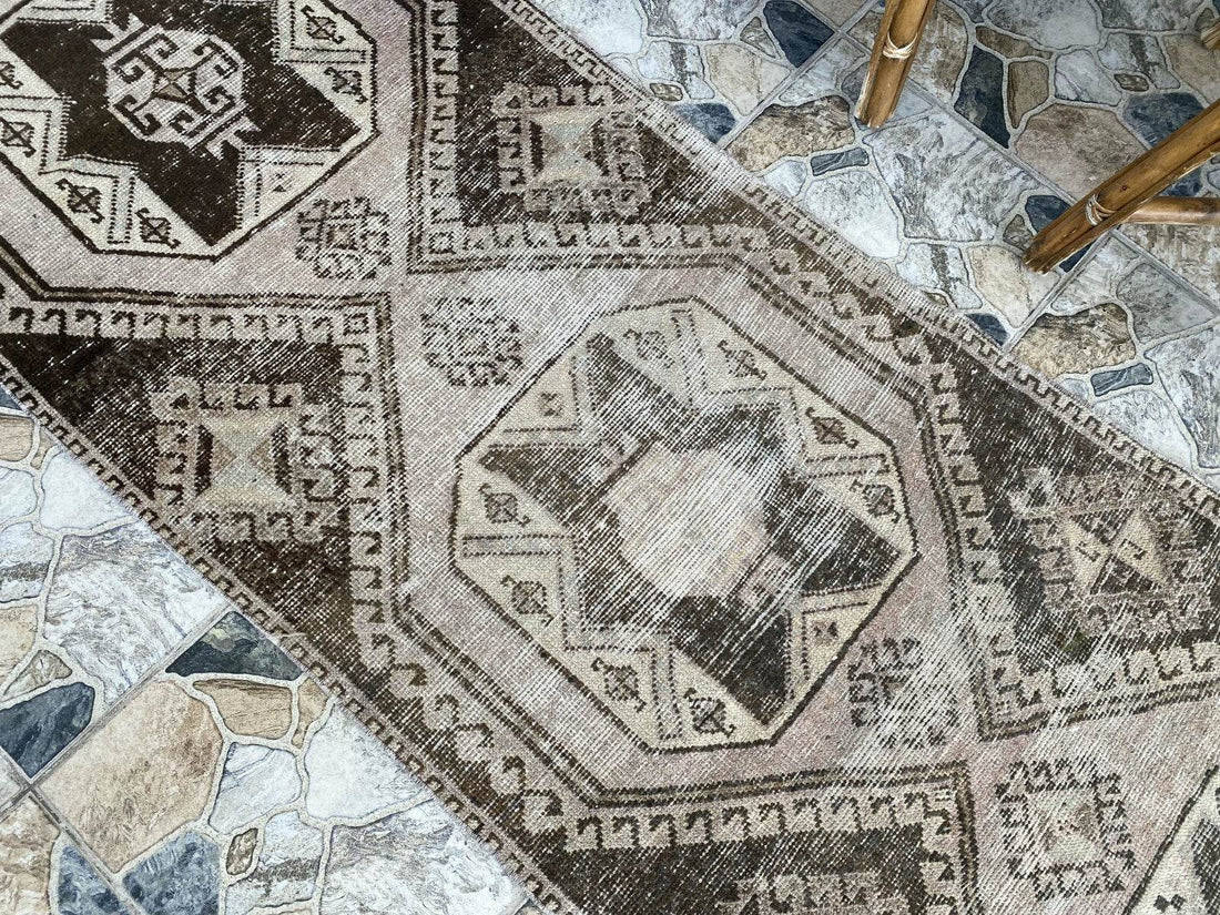 Vintage Handmade Turkish Runner Rug, 2.6x8.5 ft Brown Tribal Wool Hallway Carpet