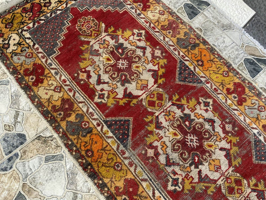 Vintage Turkish Wool Rug - Handmade Antique Red Oushak Kurdish Runner Rug 3x9 ft