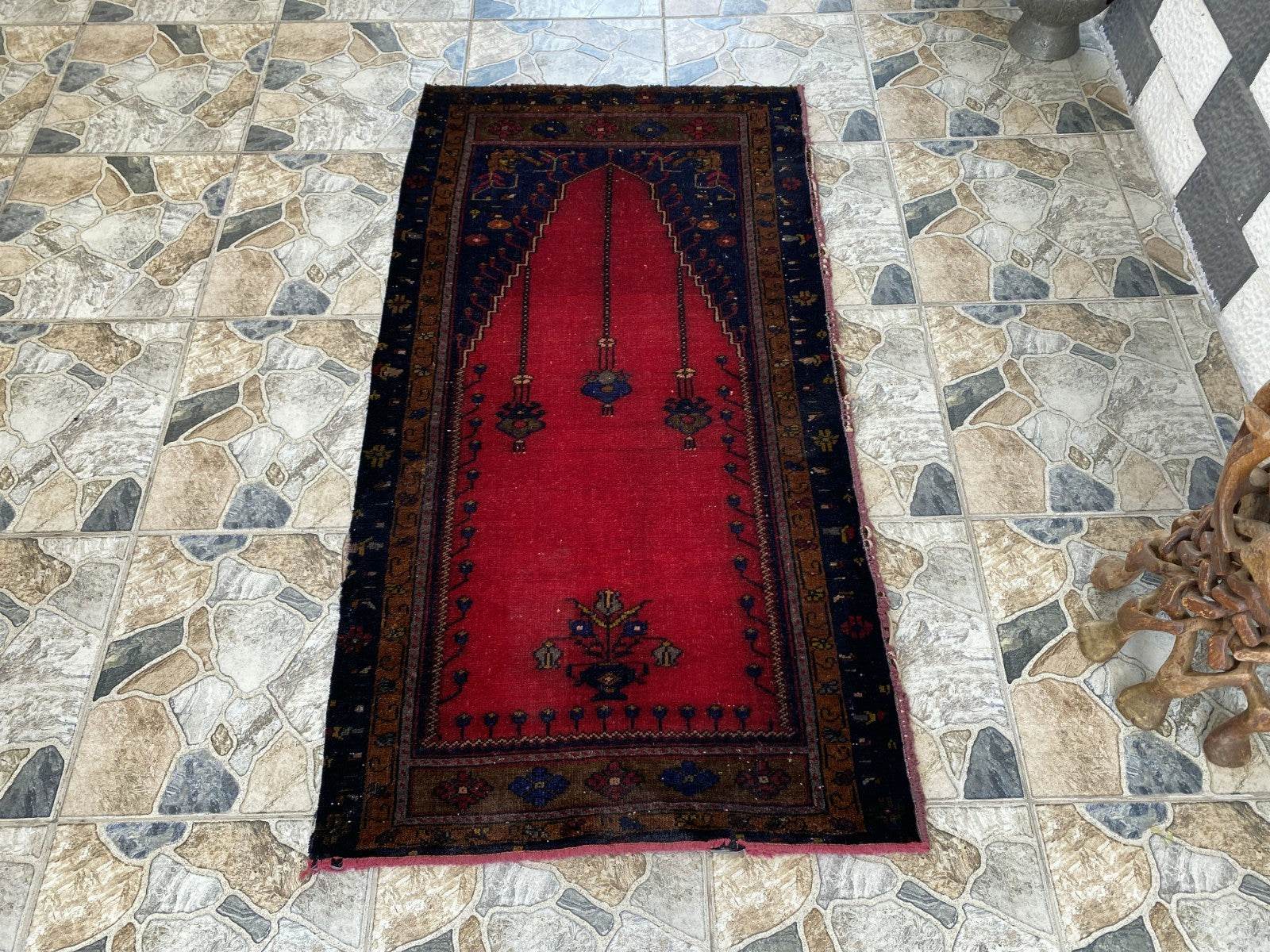 Vintage Hand-Knotted Wool Rug 2.6 x 5.2 ft Nomadic Faded Anatolian Prayer Carpet