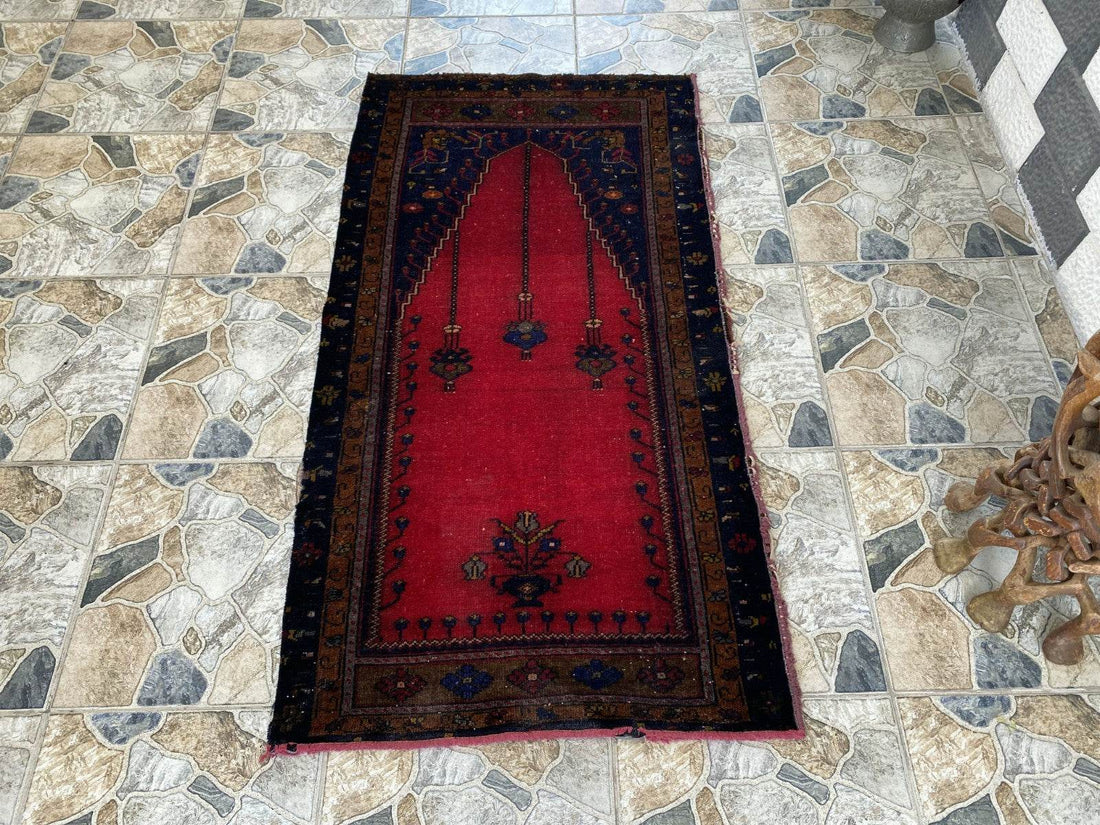 Vintage Hand-Knotted Wool Rug 2.6 x 5.2 ft Nomadic Faded Anatolian Prayer Carpet