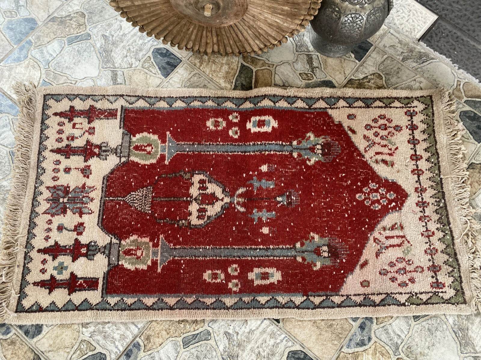 Vintage Turkish Small Prayer Rug | 2.26 x 4.10 ft | 1970s Hand-Knotted Wool Rug