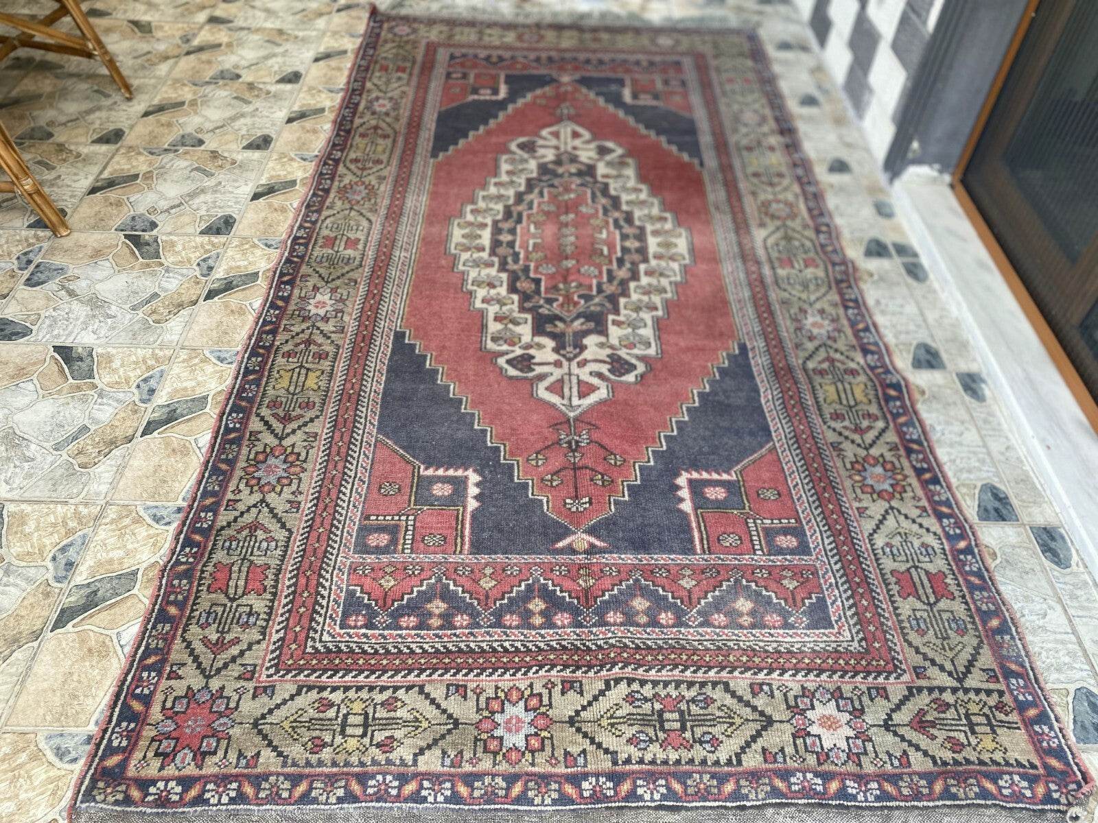 Vintage Turkish Oushak Rug, 5.0x9.7 ft Red Handmade Wool Antique Tribal Area Rug