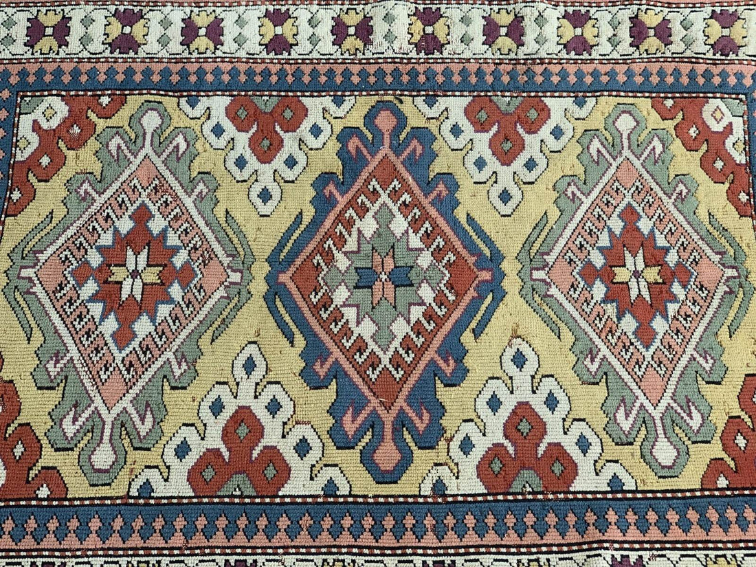 Vintage Handmade Turkish Wool Rug Anatolian Farmhouse Geometric Oushak 4.1x5.4ft