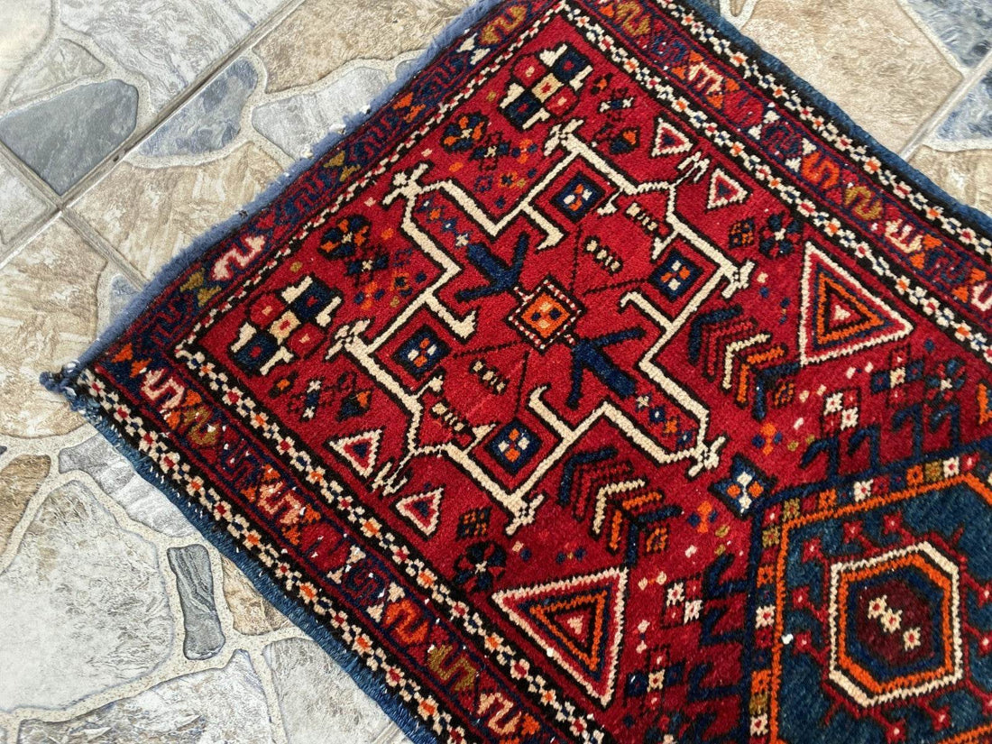 Vintage Persian Style Runner Rug | 1.8 x 6.6 ft Hand-Knotted Wool | Red & Blue Tribal