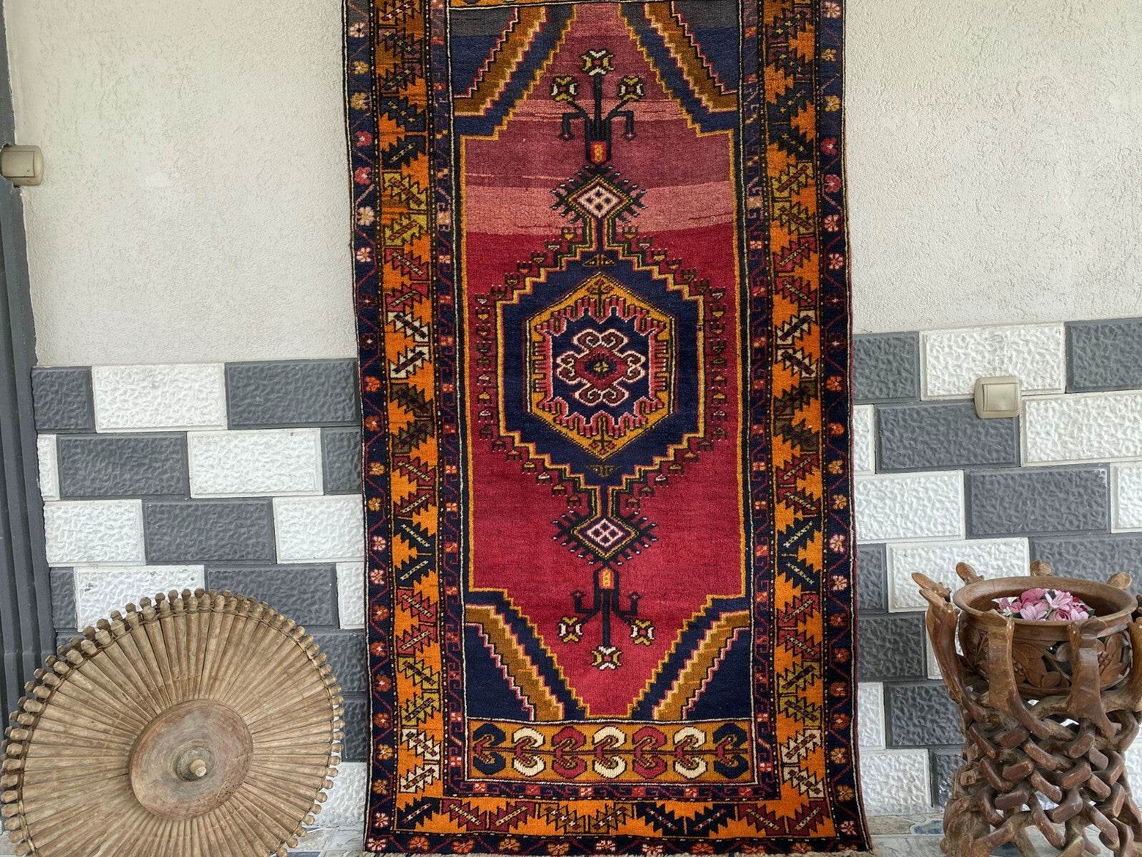Geometric Turkish Vintage Rug, Farmhouse Handmade Anatolian Village Rug 3x6 ft